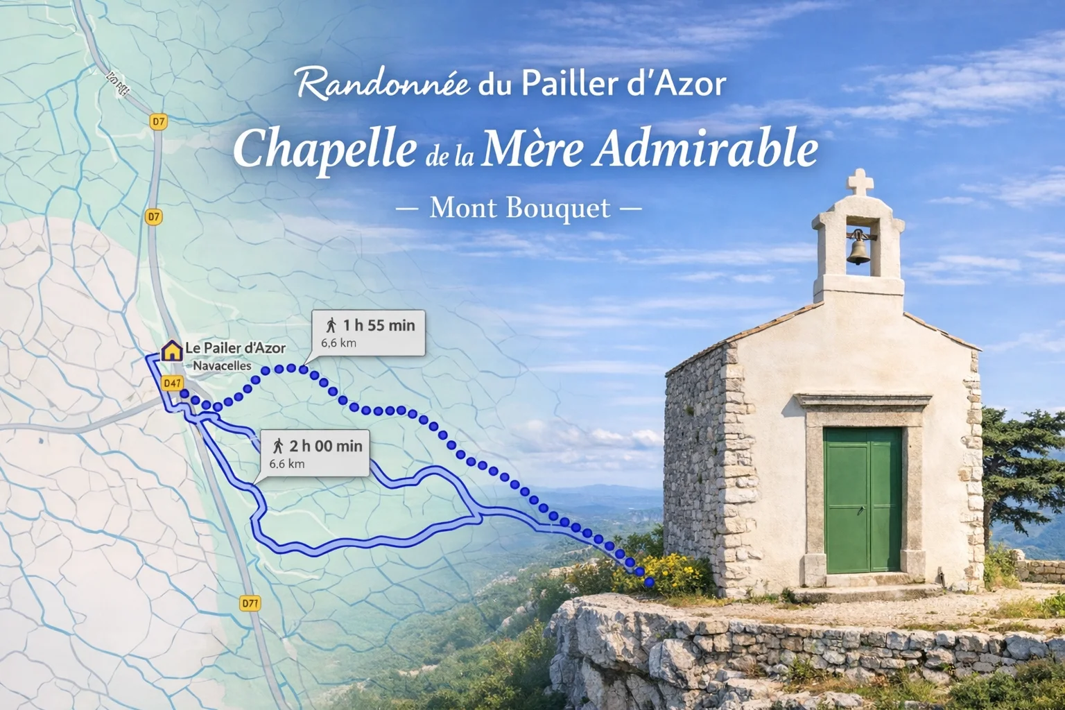 Vers le Toit du Gard, randonnée du Pailler d’Azor à la Chapelle de la Mère Admirable (Mont Bouquet)
